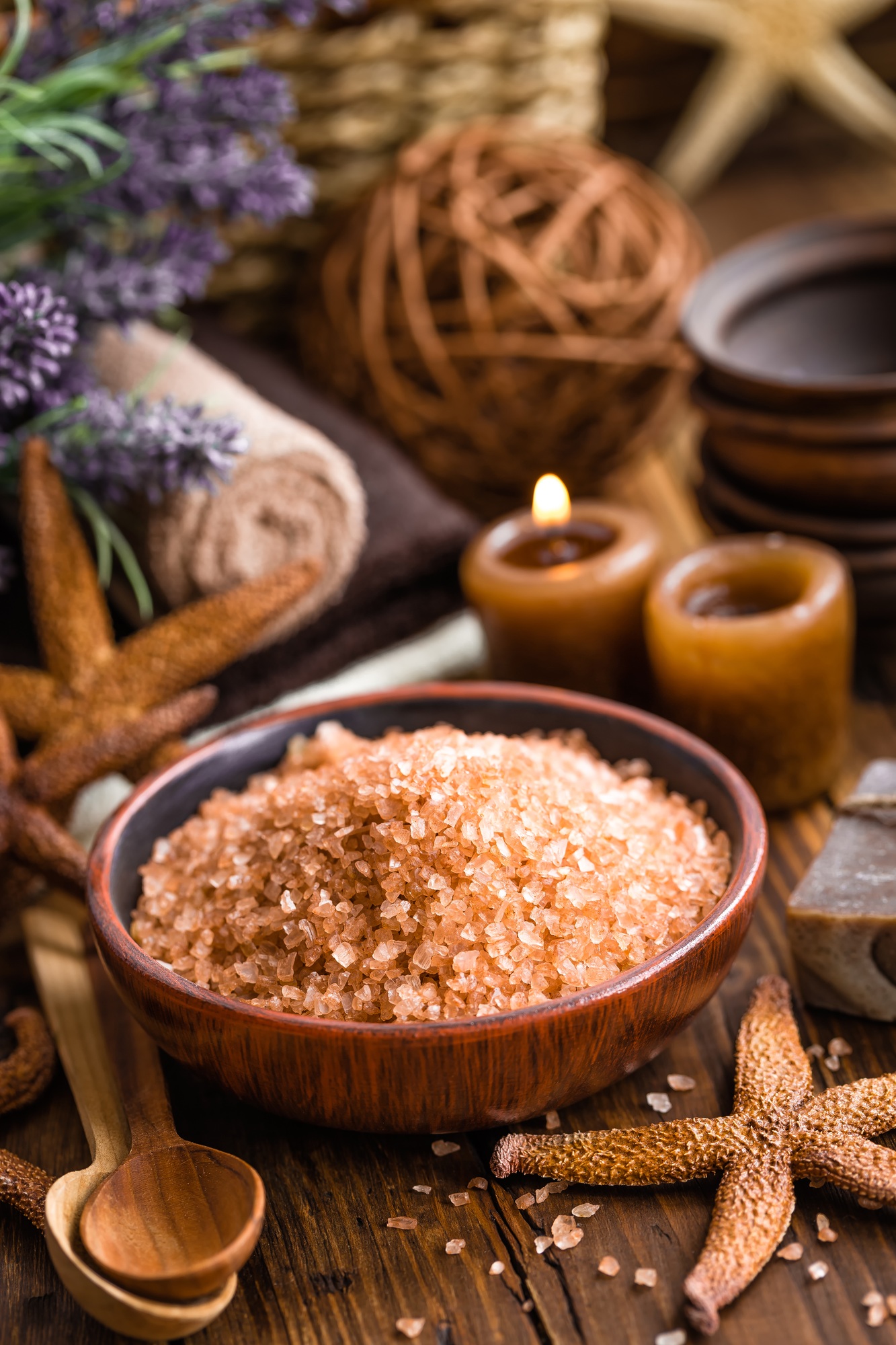 wooden bowl filled with bathsalts